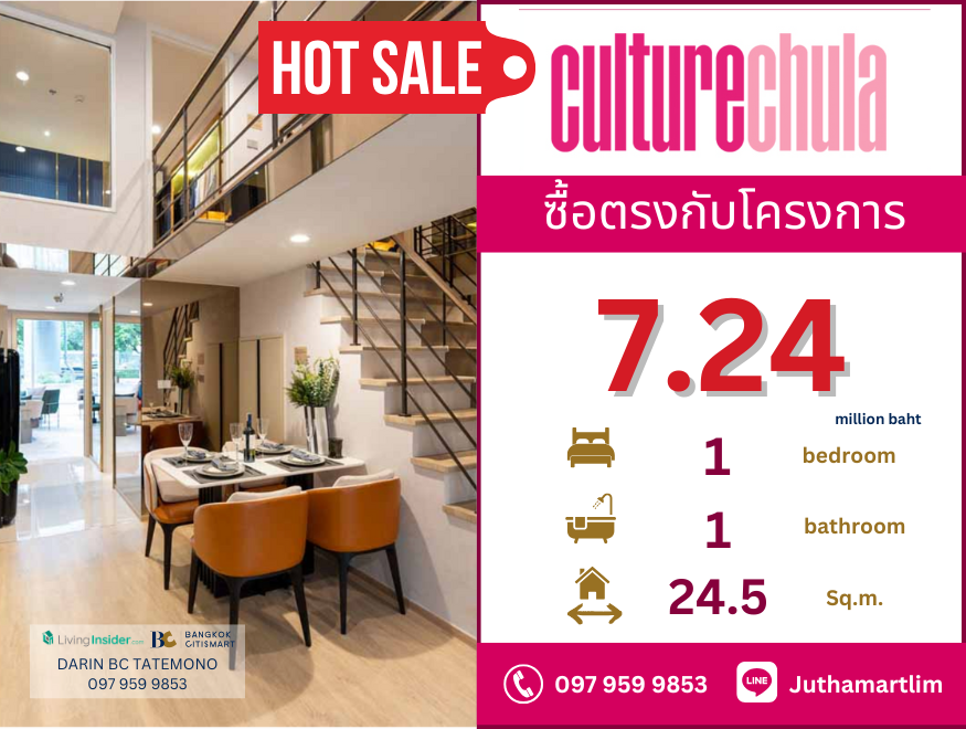 For SaleCondoSilom, Saladaeng, Bangrak : 🔥 Negotiable price 🔥 Culture Chula, 10th floor, size 24.5 sq m., loft room, 1 bedroom, 1 bathroom, price 7,240,000 baht, contact for inquiries at 097 959 9853