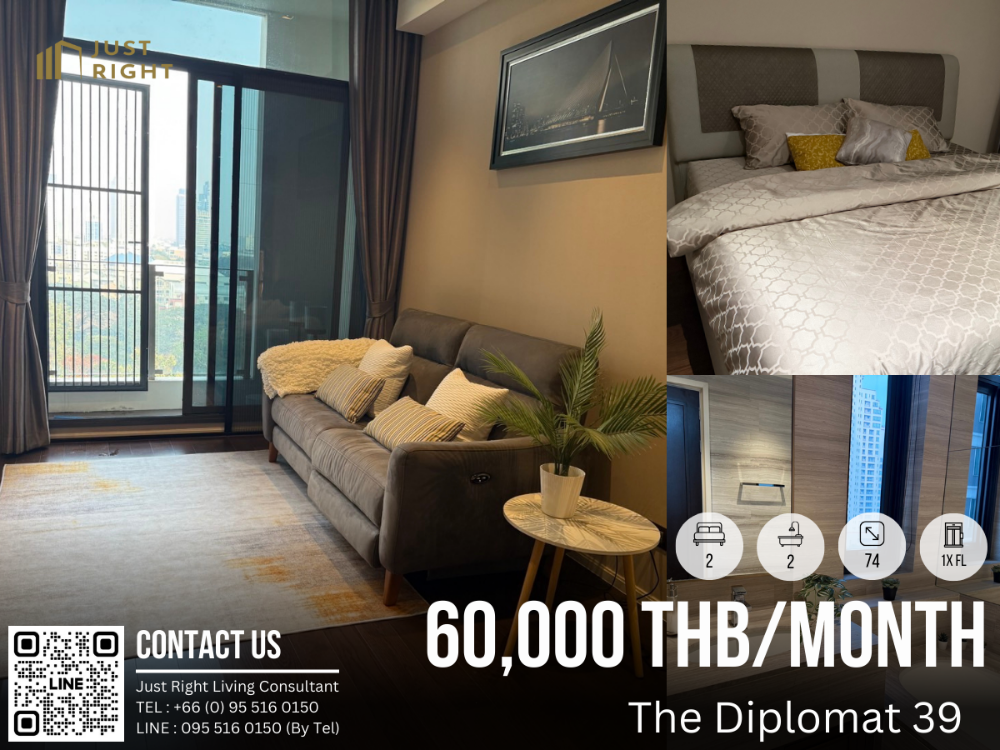 For RentCondoSukhumvit, Asoke, Thonglor : For Rent The Diplomat 39 2 Beds 2 Baths 74* Sqm. 1x FL Special Price only 60,000 THB/Month Only 1 Year Contract