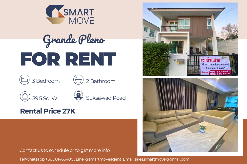 For RentHouseRathburana, Suksawat : 🔥FOR RENT Single house !! 🔥Code C20250100071..........Grande Pleno, 3 bedrooms, 2 bathrooms, 2 Storey, furnished, ready to move in📢📢