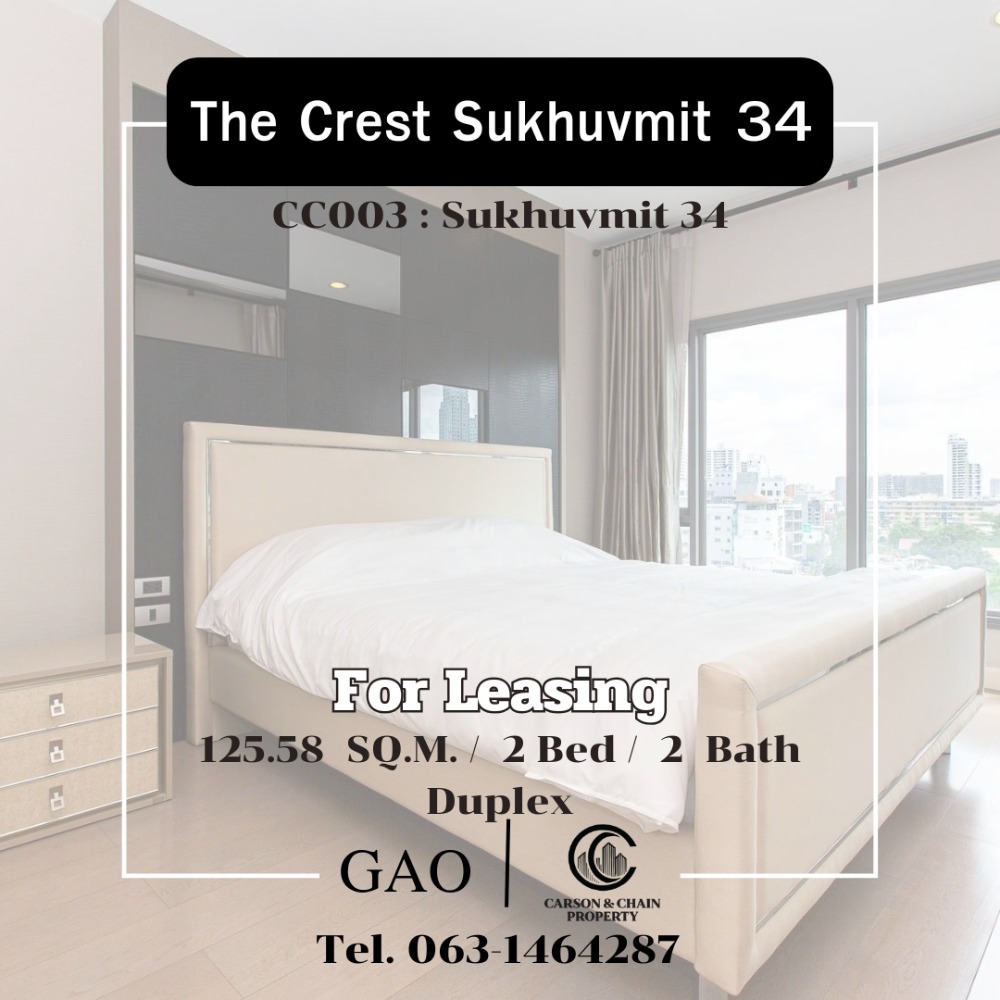 For RentCondoSukhumvit, Asoke, Thonglor : Rent!! The Crest Sukhuvmit 34 ready to move in 2 Bedroom Duplex fully furnished, very beautiful room! Line id : @carsonproperty