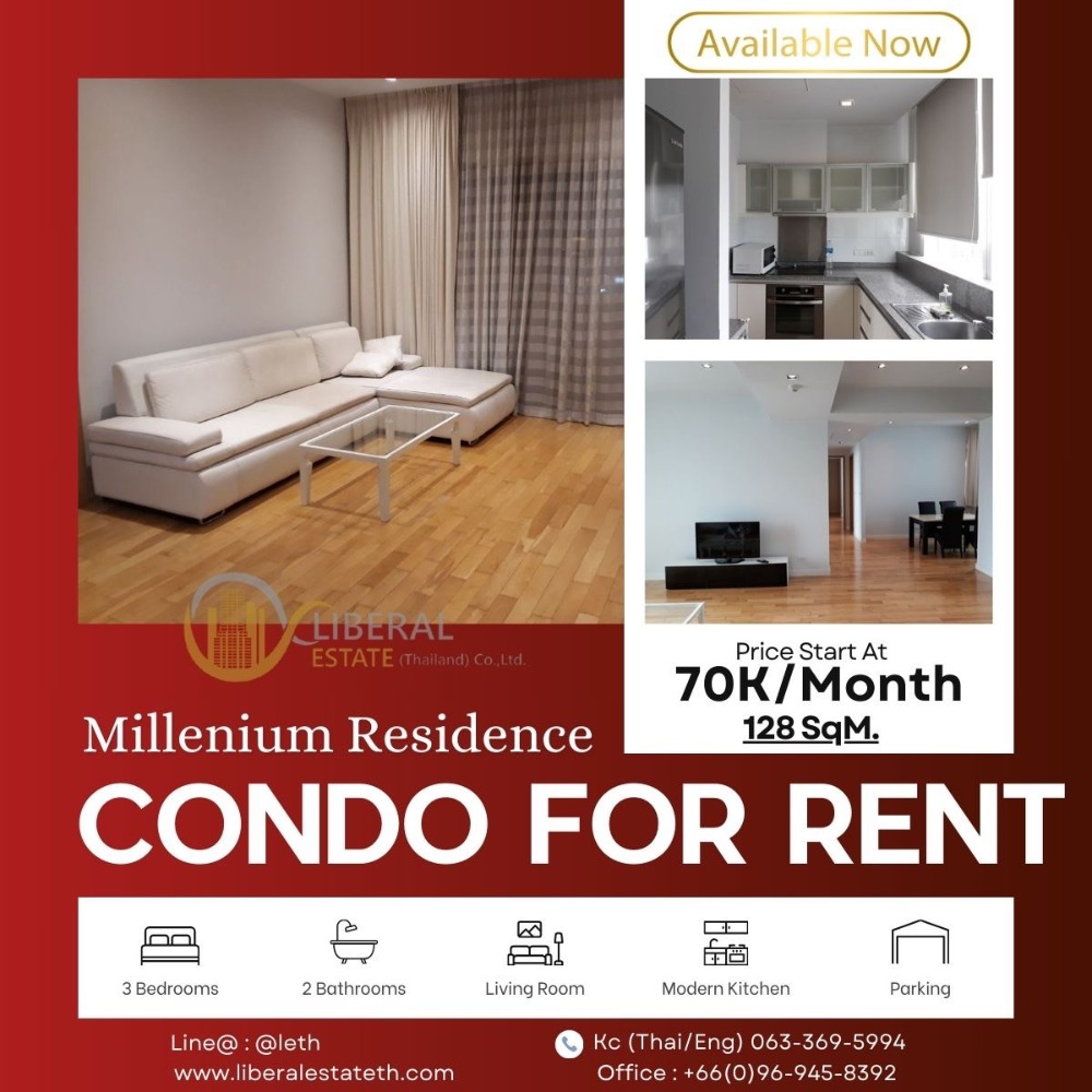 For RentCondoSukhumvit, Asoke, Thonglor : LTH11706 - Millennium residence FOR RENT Size 128 sqm. 3 beds 2 baths Near BTS Phrom Phong Station ONLY 70K/Month