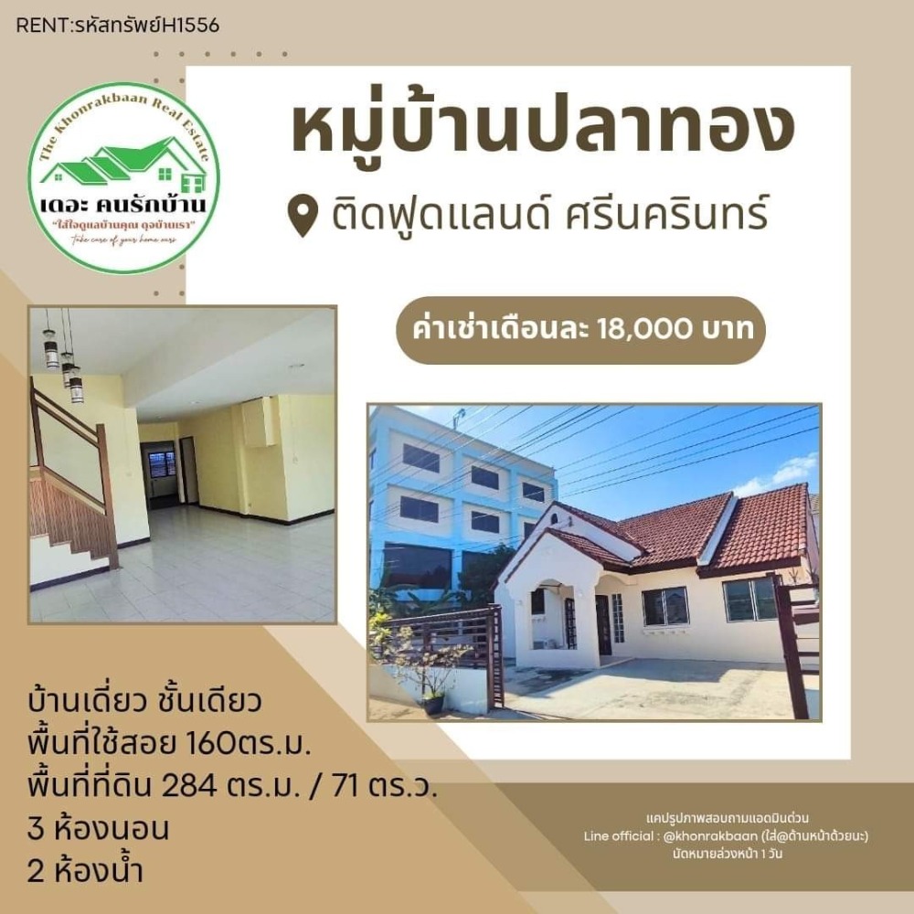 ให้เช่าบ้านพัฒนาการ ศรีนครินทร์ : RENT:รหัสทรัพย์H1556 🍀หมู่บ้านปลาทอง⭐️  ติดฟูดแลนด์ ศรีนครินทร์ ใกล้ แมคโคร บิ๊กซี