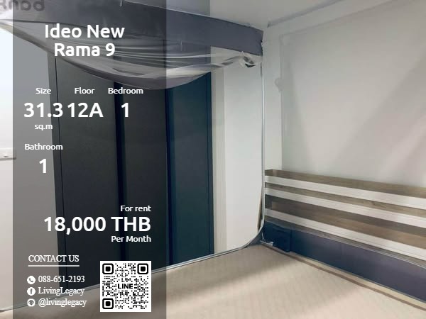 For RentCondoRama9, Petchburi, RCA : SR4WC1 Condo for rent Ideo New Rama 9 31.34 sq m. Floor 12A line id : @livinglegacy