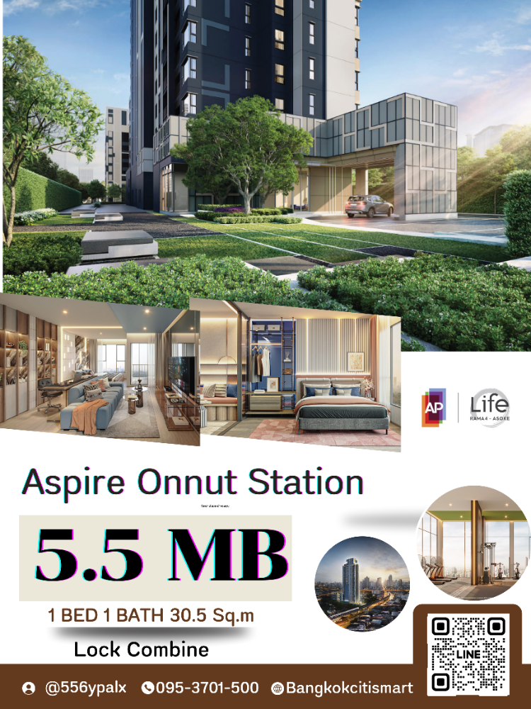 For SaleCondoOnnut, Udomsuk : Buy first, profit before installments, cheaper than renting. Sell‼️ Aspire Onnut Station Combine room, buy directly from the project 💯 1BED 1 BATH, many types to choose from / contact 095-370-1500 Khun Ing