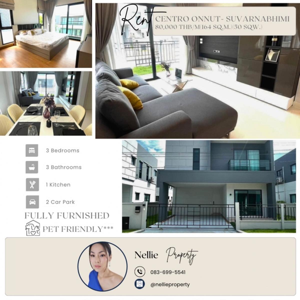 For RentHouseBangna, Bearing, Lasalle : Luxury Home for Rent at Centro Bangna | Near MEGA Bangna and Top International Schools (1 km to Concordian) | 3 Beds 3 Baths | Fully Furnished