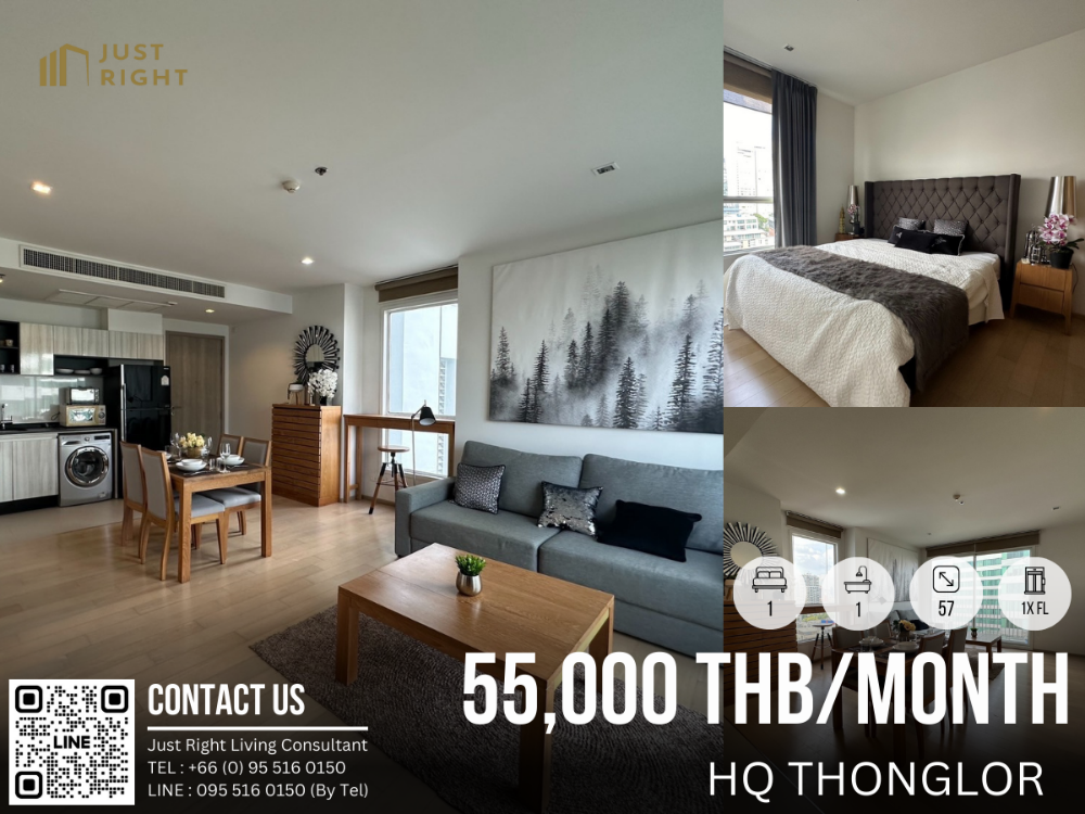 For RentCondoSukhumvit, Asoke, Thonglor : For rent, HQ Thonglor, 1 bedroom, 1 bathroom, size 57 sq.m, 1x Floor, Fully furnished, only 55,000/m, 1 year contract only