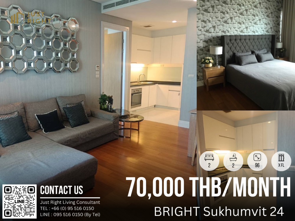 For RentCondoSukhumvit, Asoke, Thonglor : For Rent, BRIGHT Sukhumvit 24, 2 Bedrooms 2 Bathrooms 96* Sqm. x Floor Special Price Only 70,000 THB/month 1 Year contract only