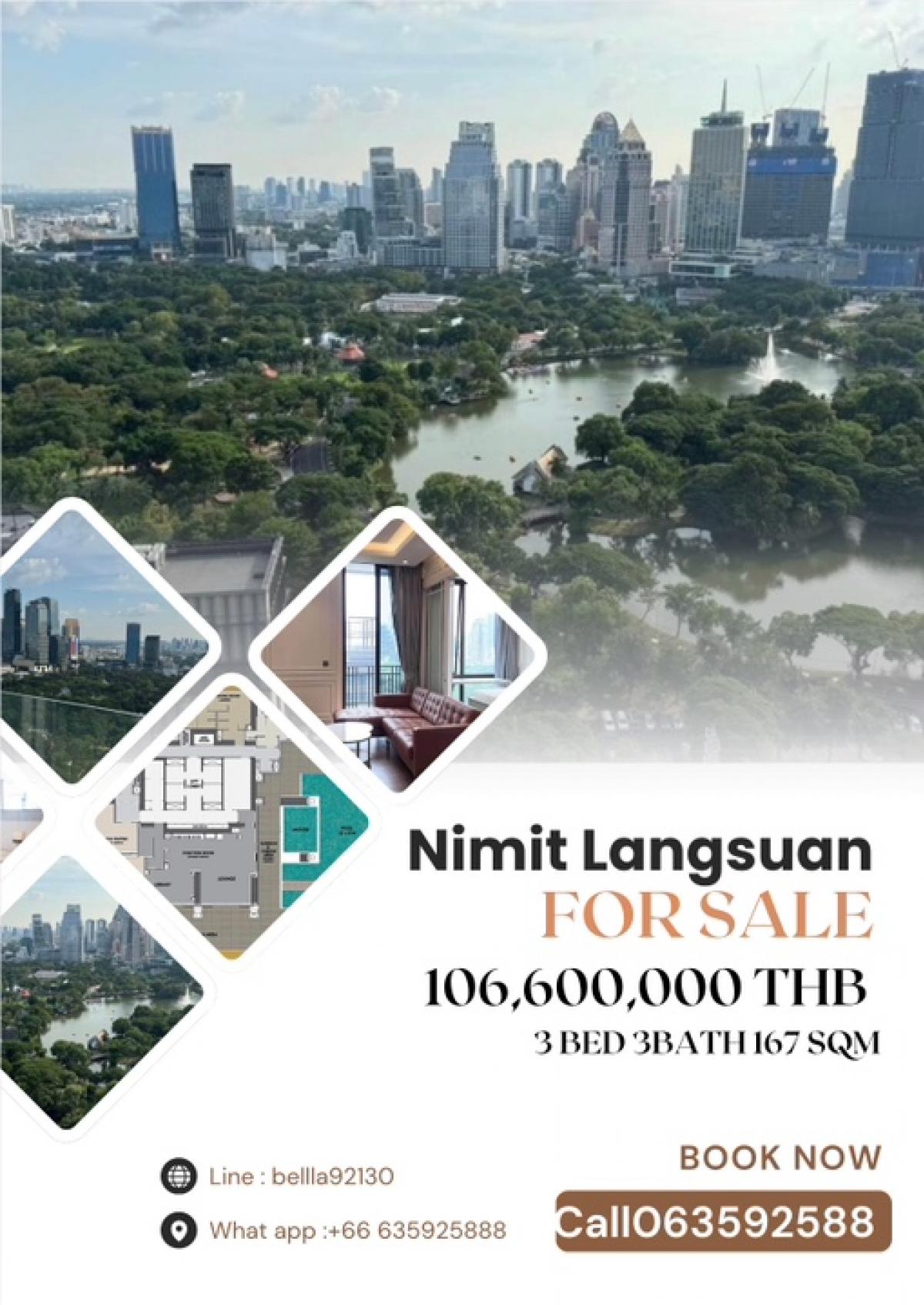 ขายคอนโดวิทยุ ชิดลม หลังสวน : 𝐅𝐨𝐫 𝐒𝐞𝐥𝐥  : Nimit Langsuan 3Bed3Bath 167sqm corner rare unit High floor Green View 106.6 MB