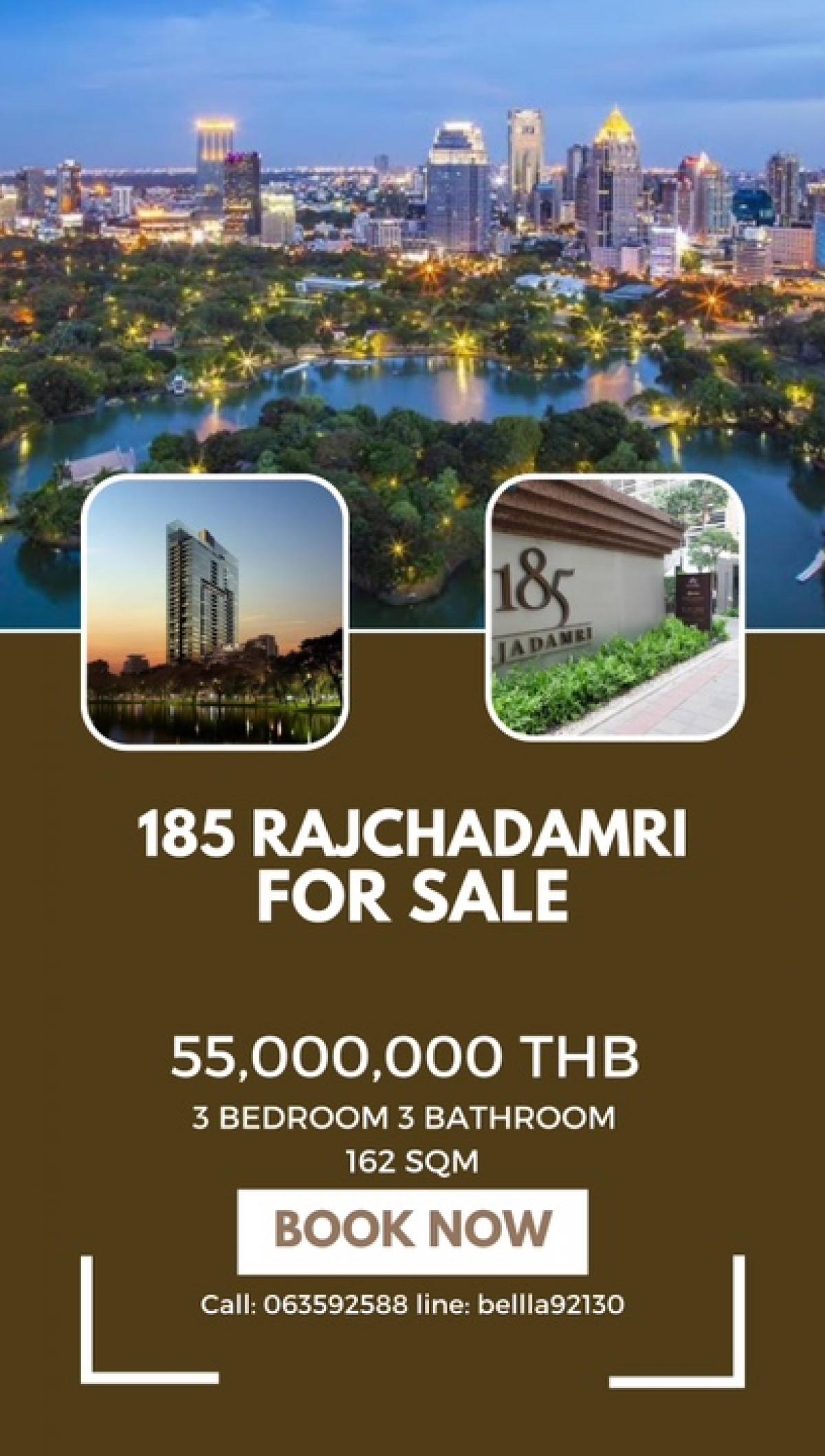 For SaleCondoWitthayu, Chidlom, Langsuan, Ploenchit : 𝐅𝐨𝐫 𝐒𝐞𝐥𝐥 : 185 Rajchadamri 3Bed3Bath corner unit Green view 55 MB ! High floor