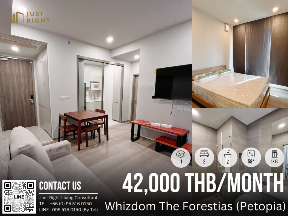 For RentCondoBangna, Bearing, Lasalle : For rent, Pet Friendly Whizdom The Forestias Petopia, 2 bedrooms, 2 bathrooms, 5.388* sq m, 1x floor, fully furnished, complete electrical appliances, only 42,000 baht / month, 1 year contract only.