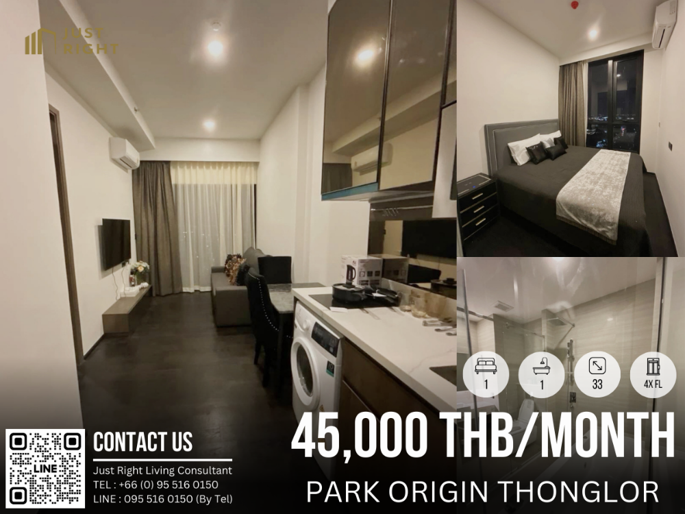 For RentCondoSukhumvit, Asoke, Thonglor : For rent, Park Origin Thonglor, 1 bedroom, 1 bathroom, size 33 sq.m, 4x Floor, fully furnished, only 45,000/m, 1 year contract only