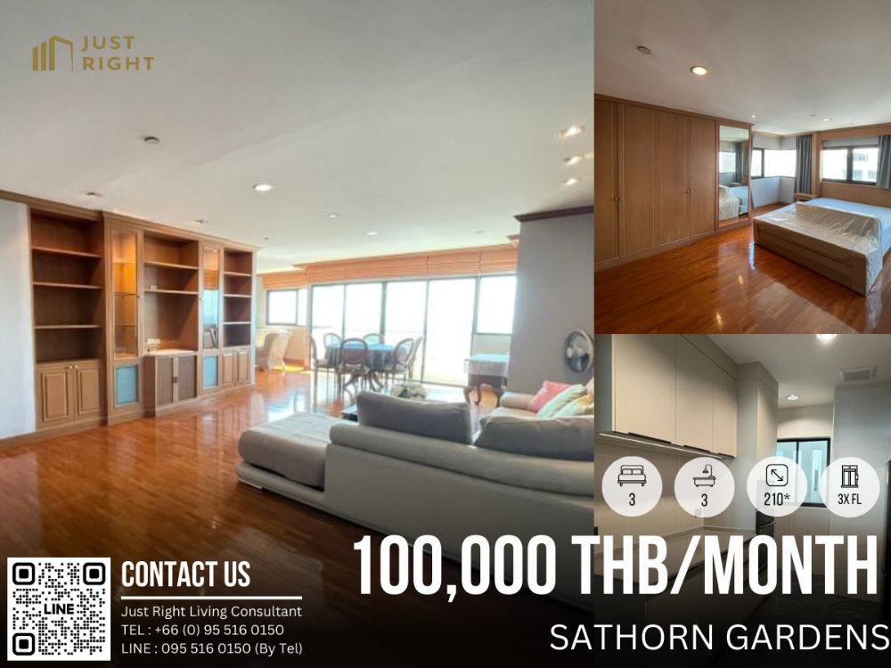 For RentCondoSathorn, Narathiwat : For Rent, Sathorn Gardens 3 Bedrooms 3 Bathrooms 210* Sqm. 3x FL Special Price only 100,000 THB/Month Only 1 Year Contract