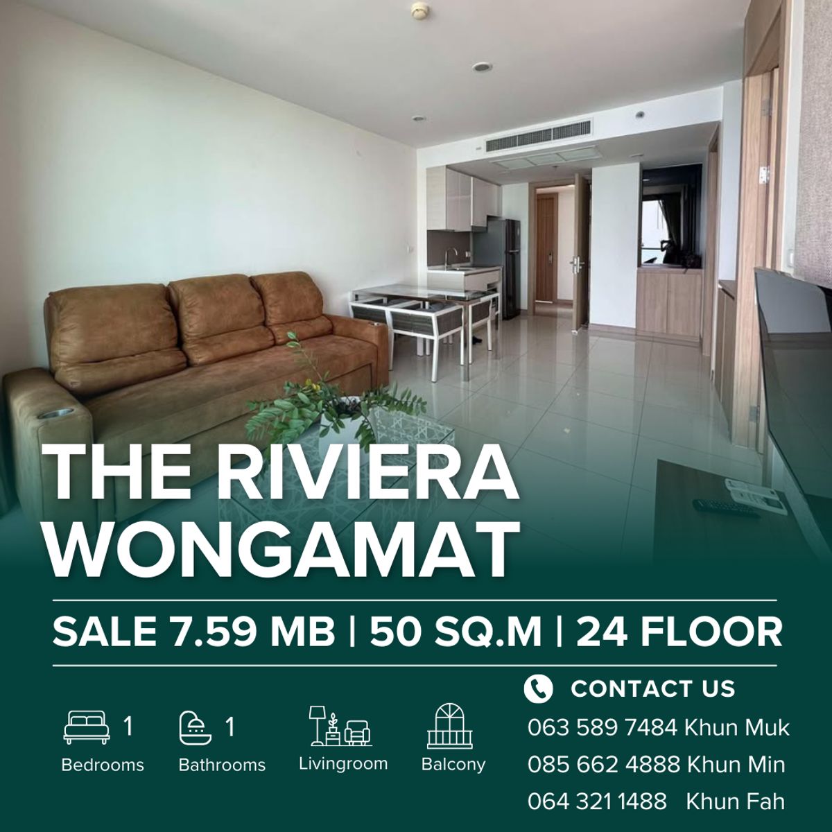 ขายคอนโดพัทยา บางแสน ชลบุรี สัตหีบ : 🌟 The Riviera Wongamat – Sale 7.59 MB | Rent 35,000 / Month | 50 Sq.m | 24 Floor | 1 Bedroom🌟