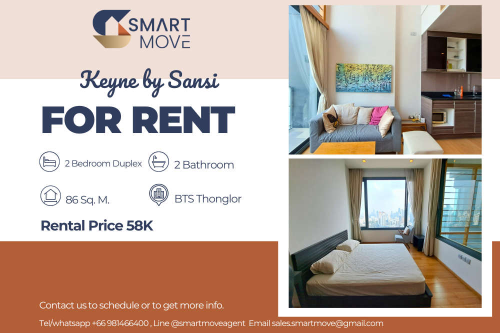 For RentCondoSukhumvit, Asoke, Thonglor : 🔥FOR RENT !! 🔥Code C20221209138..........Keyne by Sansi, 2 bedrooms Duplex, 2 bathrooms, North Facing, high floor 24+, furnished, ready to move in📣📣