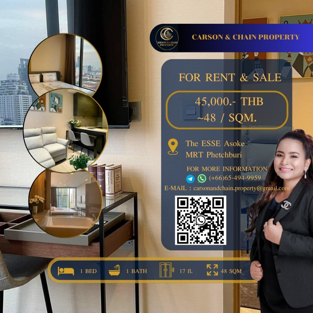 For RentCondoSukhumvit, Asoke, Thonglor : Carson & Chain ❗RENT ❗ THE ESE Asoke │ 1 Br │ 45,000 THB │ High Floor