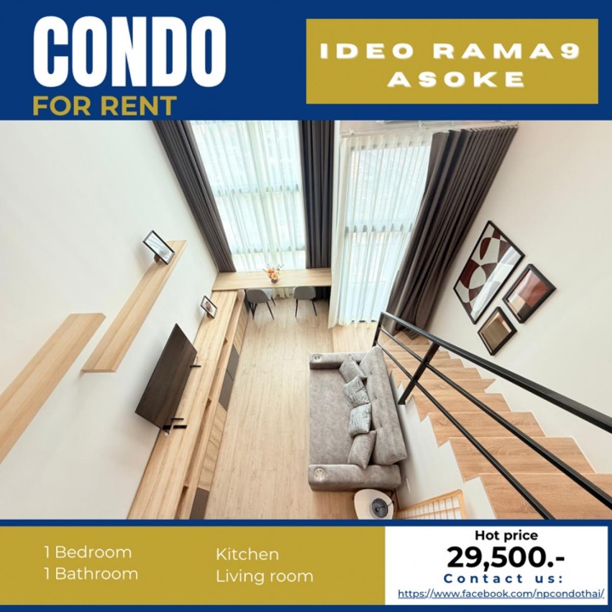 For RentCondoRama9, Petchburi, RCA : 🚀 Brand New | Hot Deal! 🔥
Duplex 1-Bedroom for Rent – Ideo Mobi Rama 9
💰 Special Price: 29,500 THB/Month (Fully Furnished | City View!)