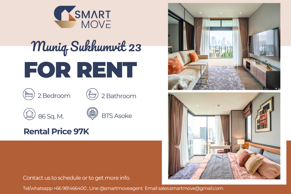 For RentCondoSukhumvit, Asoke, Thonglor : 🔥FOR RENT !! Pet Friendly !! 🔥Code C20240500324..........MUNIQ Sukhumvit 23, 2 bedrooms, 2 bathrooms, high floor 11+, furnished, ready to move in📣📣