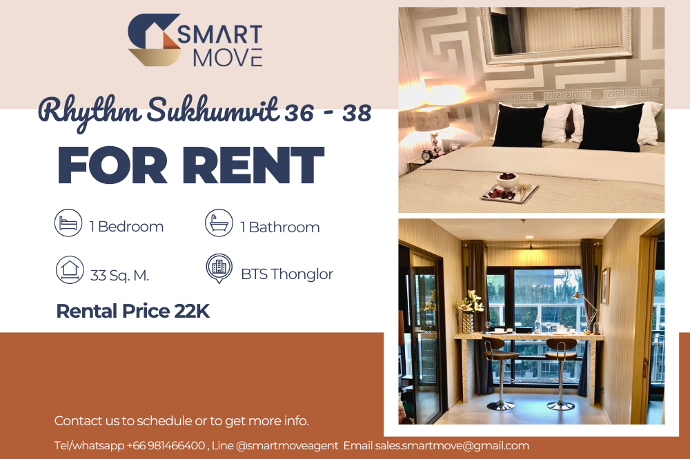 For RentCondoSukhumvit, Asoke, Thonglor : 💥FOR RENT !! 💥Code C20230203082..........Rhythm Sukhumvit 36-38, 1 bedroom, 1 bathroom, furnished, ready to move in📢📢