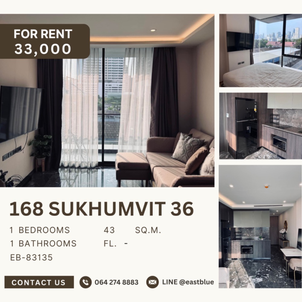 For RentCondoSukhumvit, Asoke, Thonglor : 🔥 Beautiful room, good location, great value! 🔥 🔥 168 Sukhumvit 36-Luxurious condo in the heart of Sukhumvit, complete with 1 bedroom | 1 bathroom | 43 sq.m. 💸 Renting only 33,000 baht/month. Bargain price 📞 Call: 086-746-8882 ( K. Cooper)