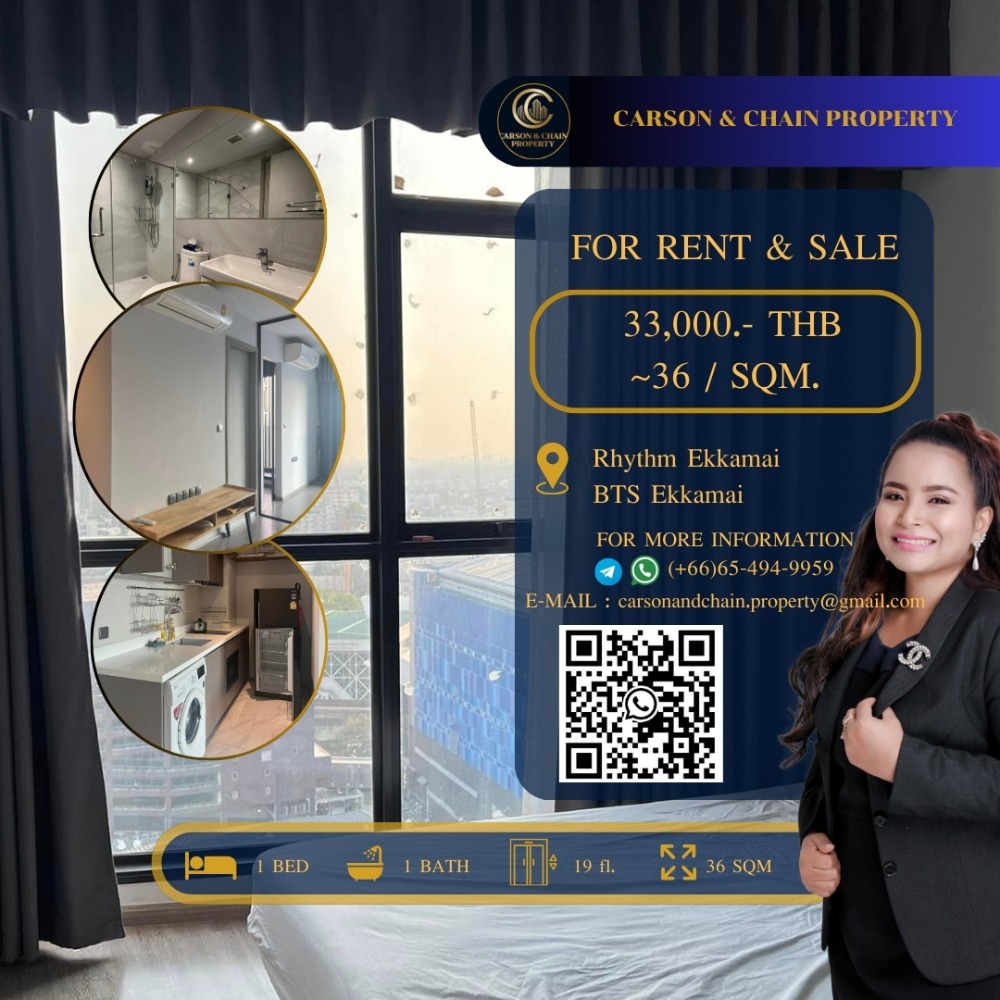 For RentCondoSukhumvit, Asoke, Thonglor : Carson & Chain ❗res ❗ Rhythm Ekkamai│ 1 Br │ 33,000 THB │ High Floor