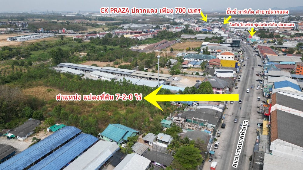 ขายที่ดินระยอง : ที่ดินติดถนนเทศบาลพัฒนา ใกล้ห้าง CK PRAZA ปลวกแดง เพียง 700 เมตร