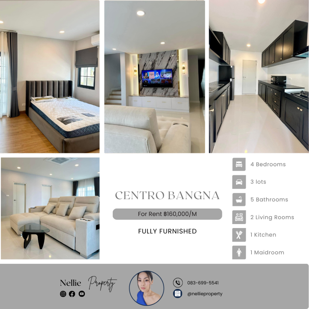 For RentHouseBangna, Bearing, Lasalle : Centro Bangna for rent in Bang Na luxury house, 4 bedrooms, 5 bathrooms, full furniture, near Concordian International School