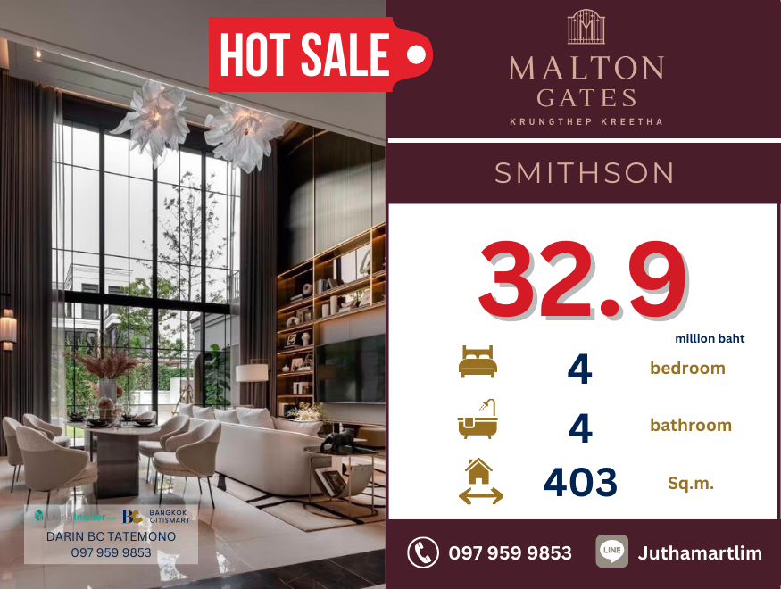 ขายบ้านพัฒนาการ ศรีนครินทร์ : 🔥 SMITHSON 🔥 Malton Gates Krungthep Kreetha 4 ห้องนอน 4 ห้องน้ำ 71 - 90 ตร.ว.. ราคา 32,900,000 บาท ติดต่อ 0979599853