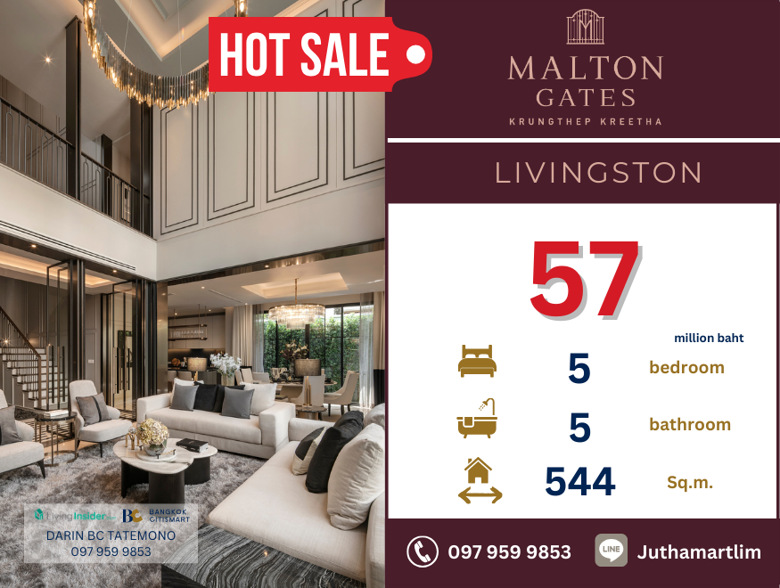 ขายบ้านพัฒนาการ ศรีนครินทร์ : 🔥 Livington🔥 Malton Gates Krungthep Kreetha 5 ห้องนอน 45 ห้องน้ำ 106 ตร.ว. ราคา 57,000,000 บาท ติดต่อ 0979599853