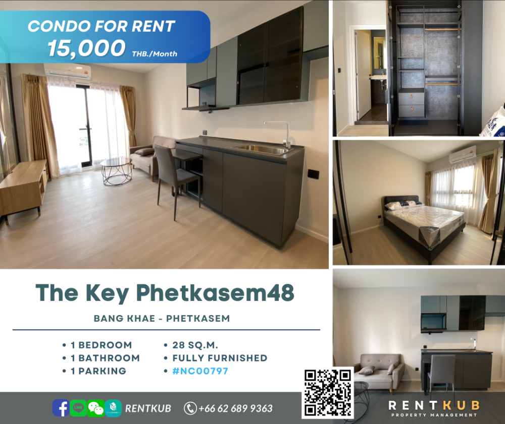 For RentCondoBang kae, Phetkasem : 🔹Condo for Rent | The Key MRT Phetkasem 48 | 28 SQM, 1 Bed - 1 Bath | 15,000 thb.