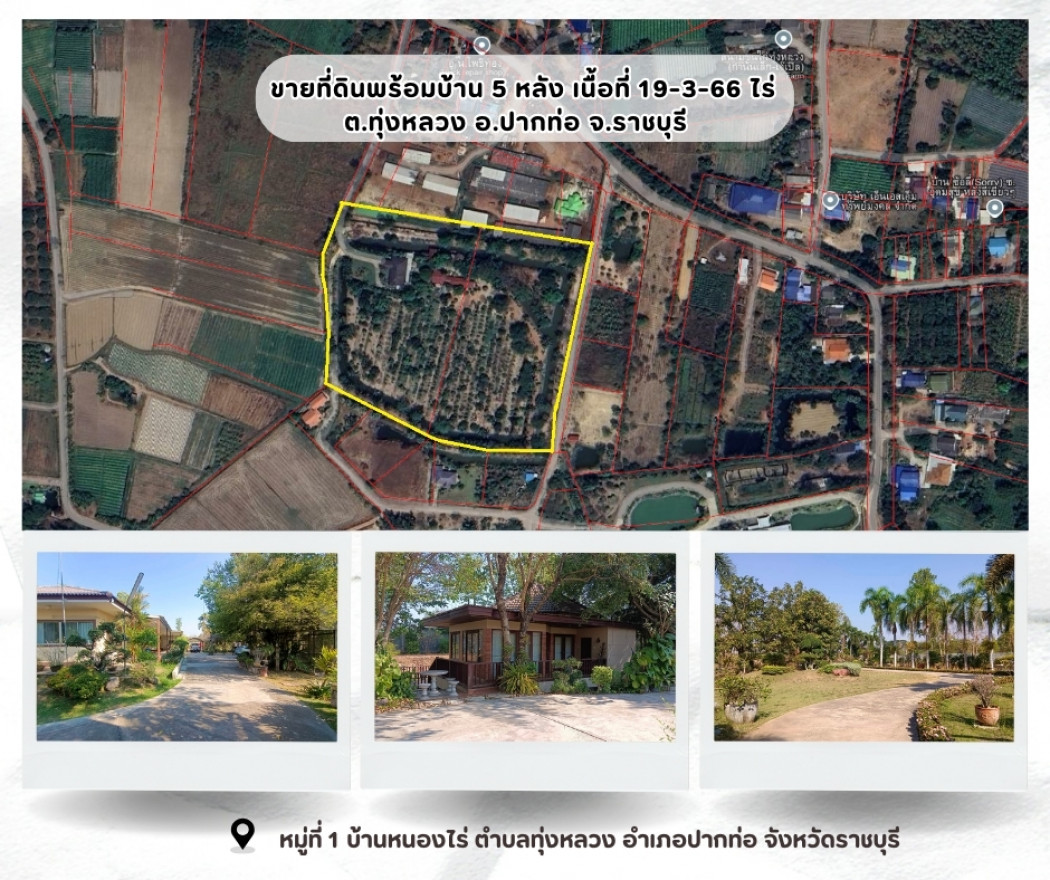 For SaleLandRatchaburi : Land for sale with house, area 19-3-66 rai, Tung Luang Subdistrict, Pak Tho District, Ratchaburi