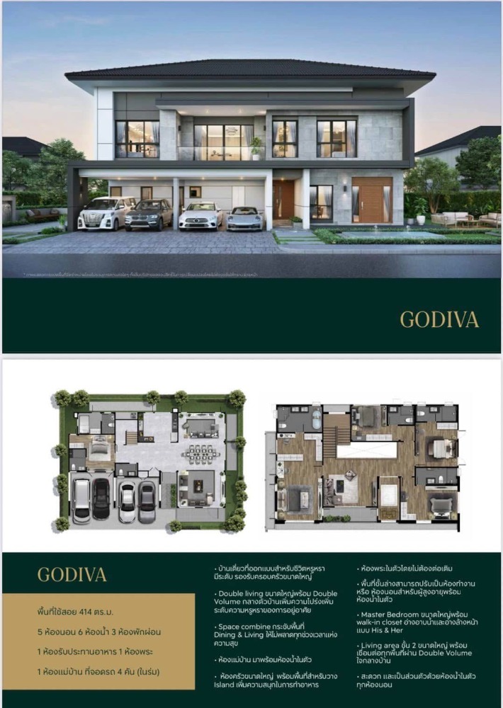 For SaleHouseBangna, Bearing, Lasalle : ● Type Godiva ● 2 Storey detached house, 5 bedrooms, 6 bathrooms | 86.00 sq.w. 416.00 sq.m. | Near Muang Kaew Golf Course 6 minutes, IKEA Bangna 9 minutes, Mega Bangna 9 minutes