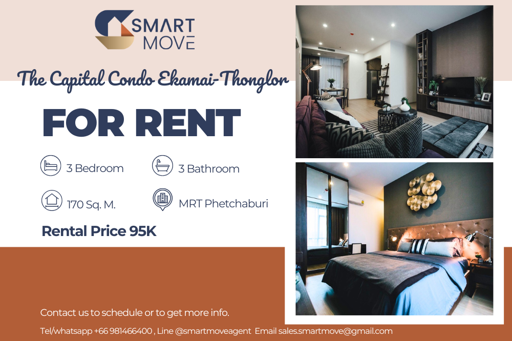 For RentCondoRama9, Petchburi, RCA : 🔥FOR RENT !!🔥Code C20240100700..........The Capital Condo Ekamai-Thonglor, 3 bedrooms, 3 bathrooms, furnished, ready to move in📣📣