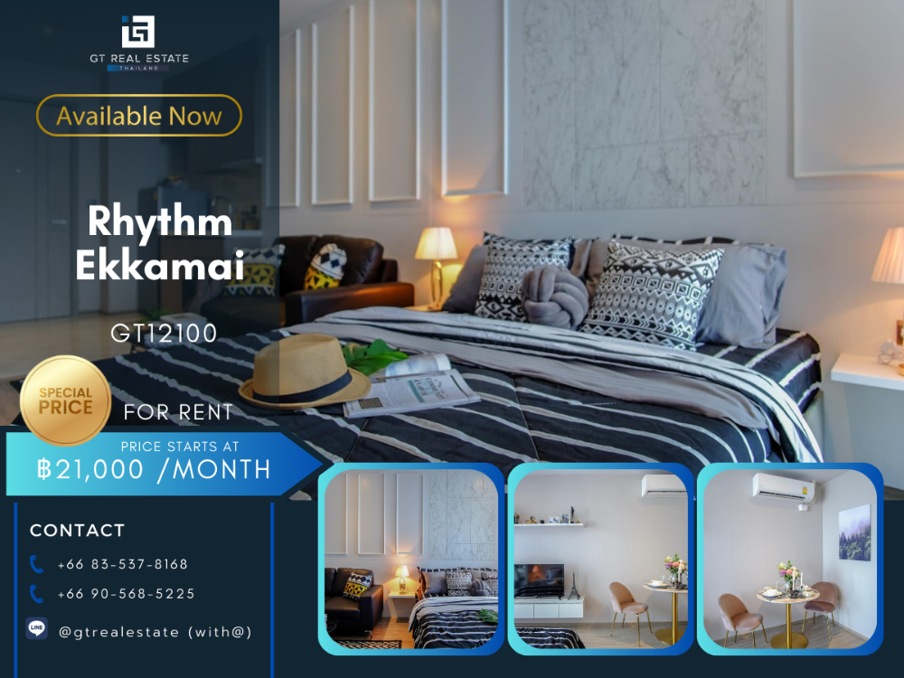 For RentCondoSukhumvit, Asoke, Thonglor : Rhythm Ekkamai condo, beautiful room, complete furniture Ready to rent