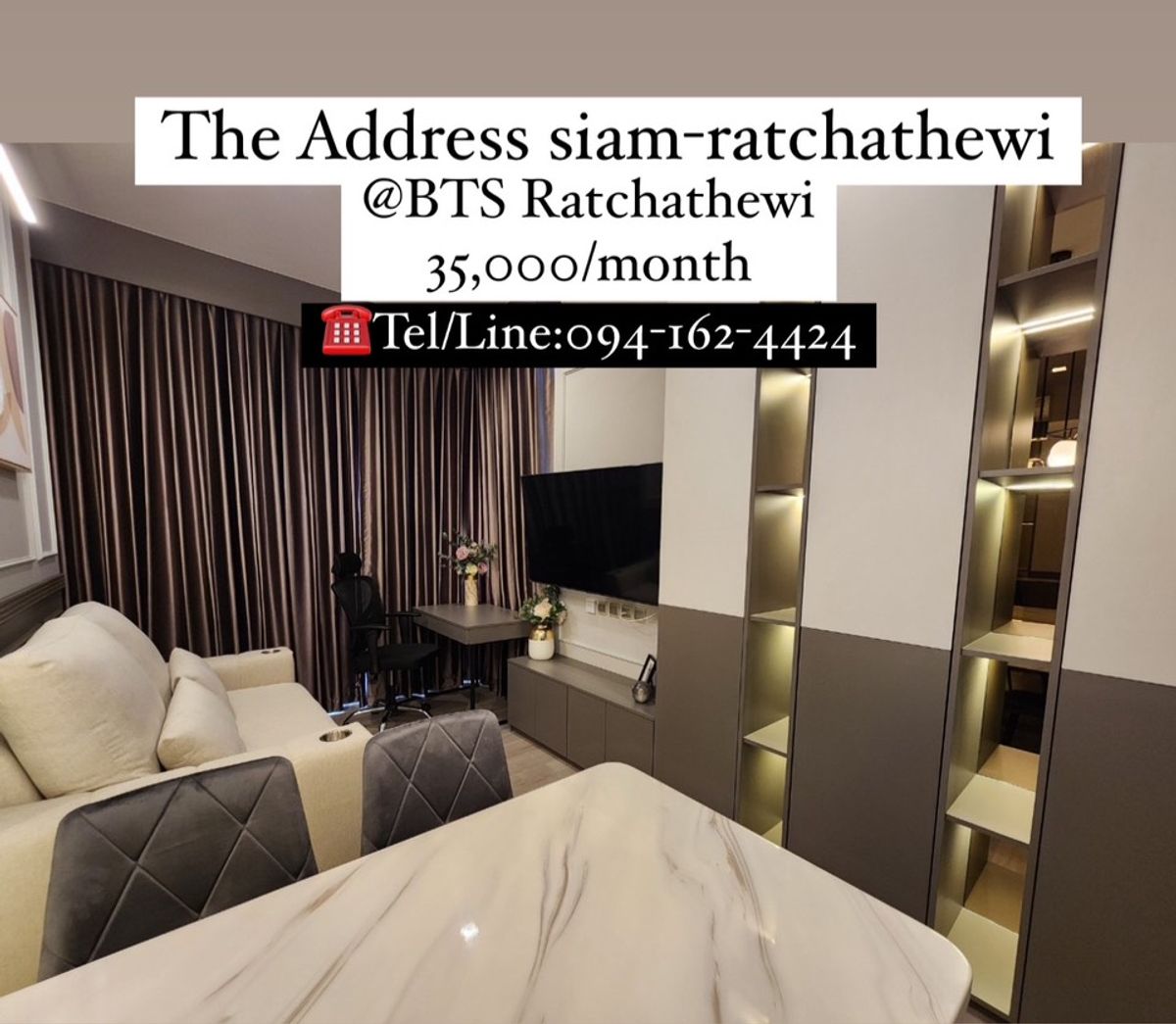 For RentCondoRatchathewi,Phayathai : The Address Siam-Ratchathewi ,, 37SQM. High Floor, Corner Room, Luxury Style ☎️Tel/Line: 094-162-4424