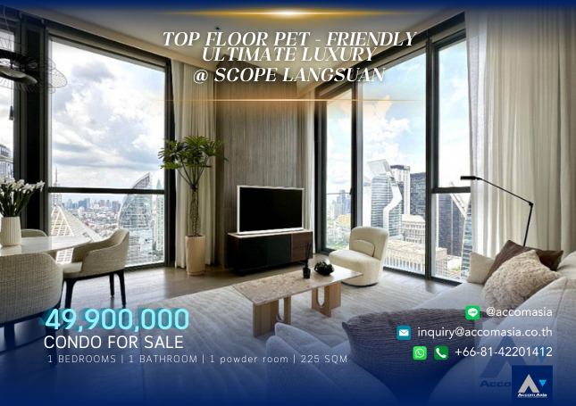 For SaleCondoWitthayu, Chidlom, Langsuan, Ploenchit : 🔼 AccomA 🔽 | Pet-Friendly Ultimate Luxury 1-Bed Corner Unit | Fully Furnished, Top Floor at SCOPE Langsuan