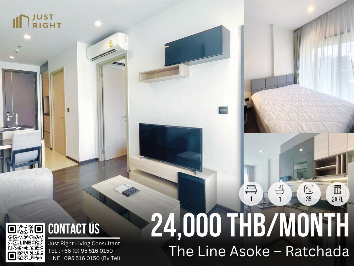 For RentCondoRama9, Petchburi, RCA : For rent, The Line Asoke-Ratchada, 1 bedroom, 1 bathroom, size 35 sq m, 2x floor, fully furnished, layout walk-in closet, only 19,000/m., 1 year contract only.