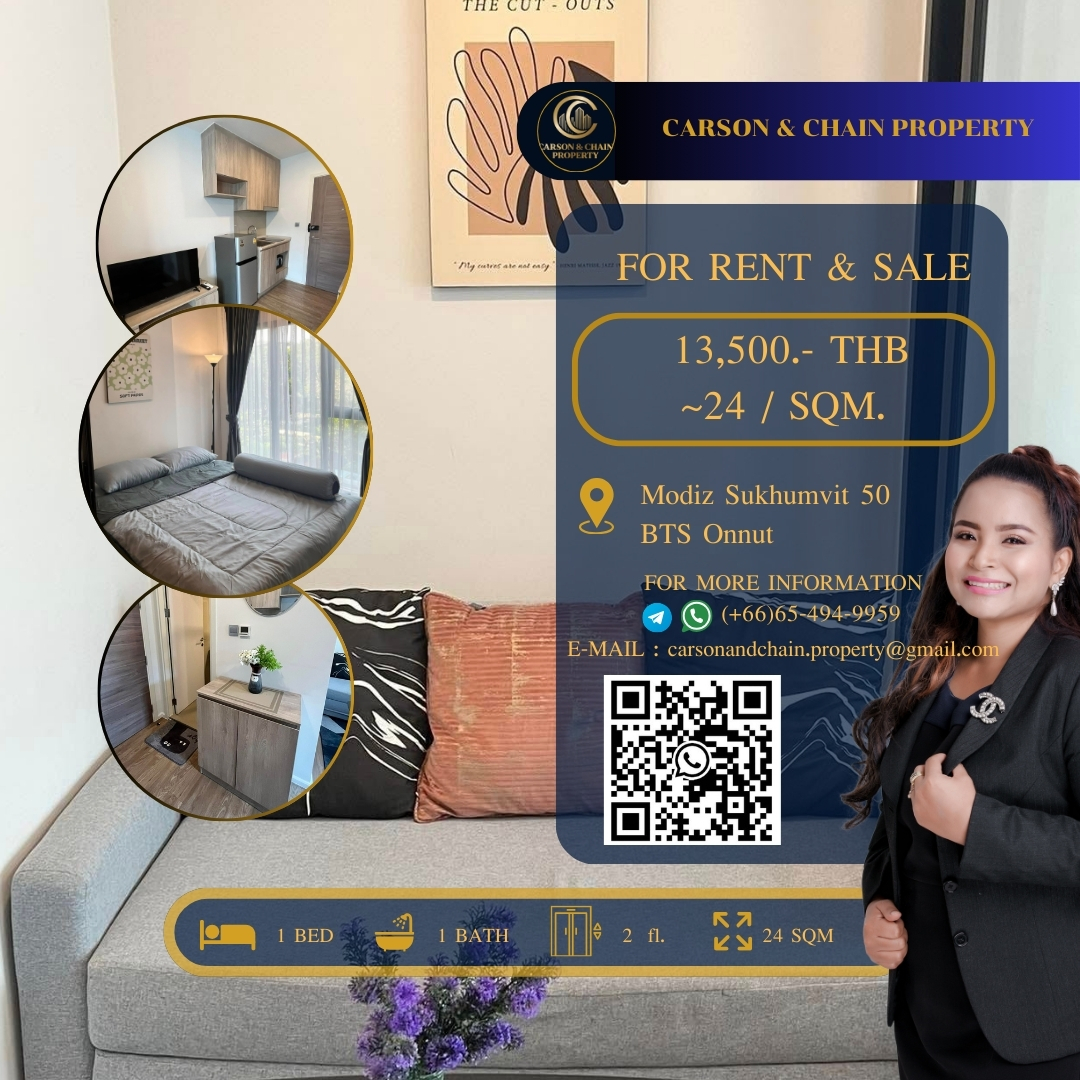 For RentCondoOnnut, Udomsuk : Carson&Chain ❗RENT❗ Modiz Sukhumvit 50 │ 1 BR │ 13,500 THB │Low Floor 