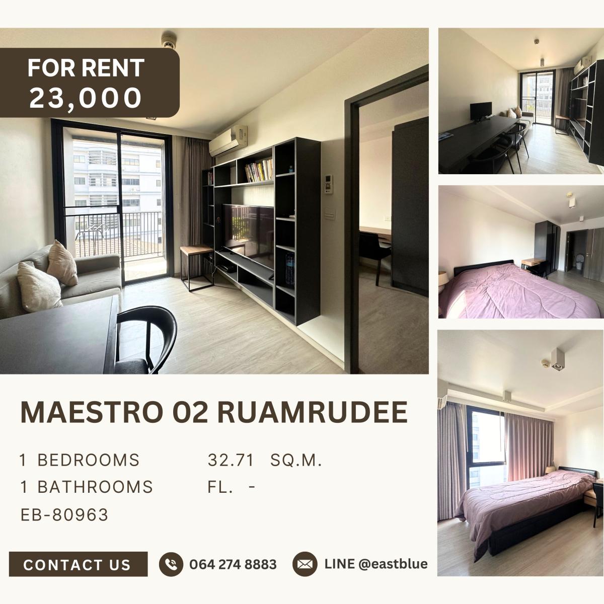 ให้เช่าคอนโดวิทยุ ชิดลม หลังสวน : Maestro 02 Ruamrudee, 1 bed, 23000 per month