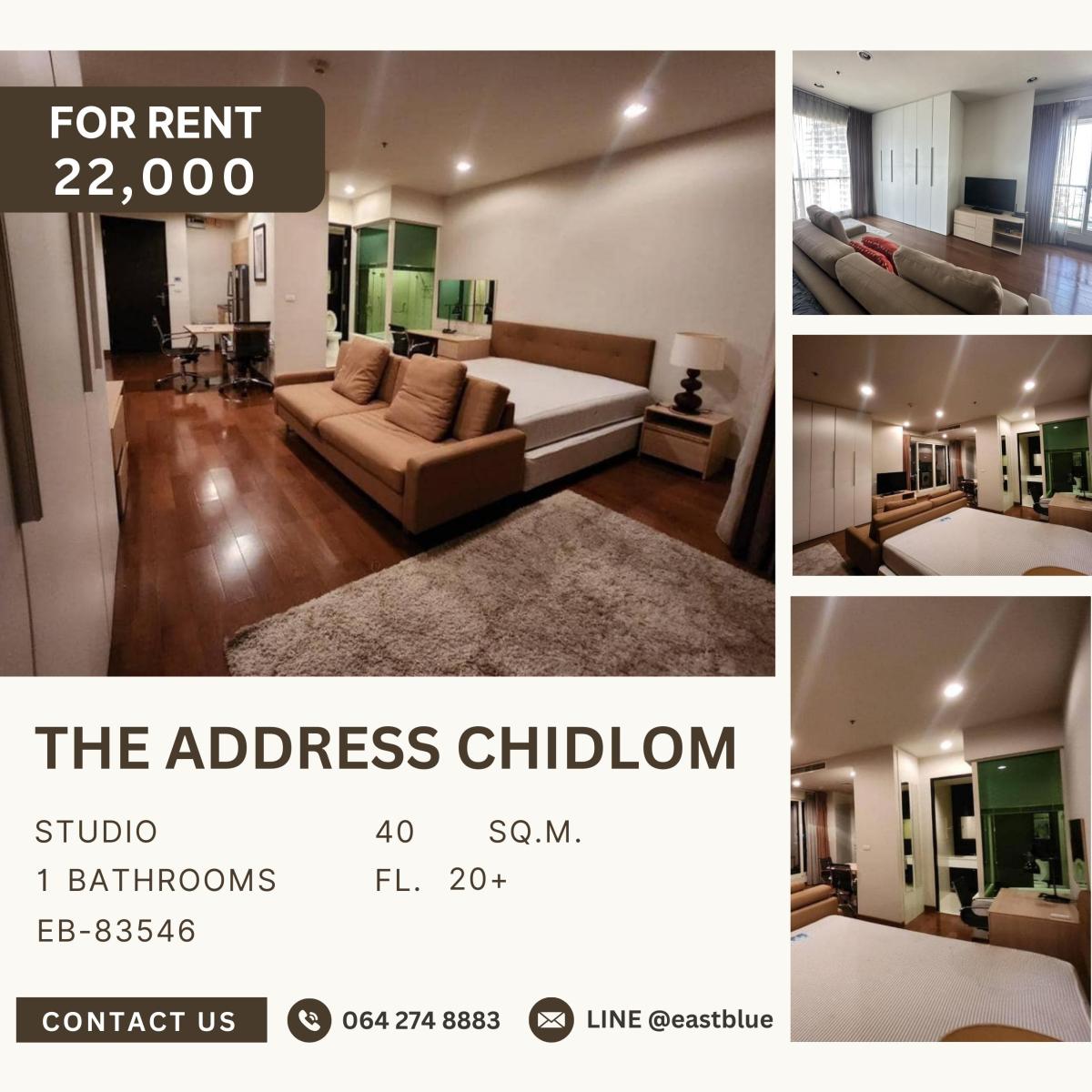 For RentCondoWitthayu, Chidlom, Langsuan, Ploenchit : The Address Chidlom, Studio bed, 22000 per month