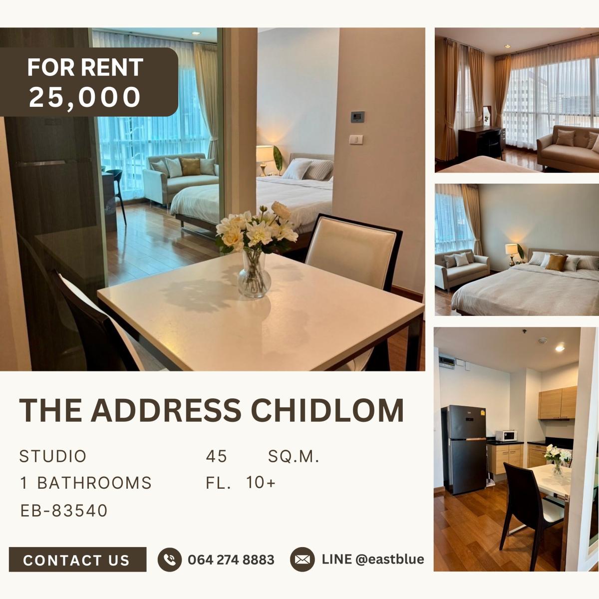 For RentCondoWitthayu, Chidlom, Langsuan, Ploenchit : The Address Chidlom, Studio bed, 25000 per month