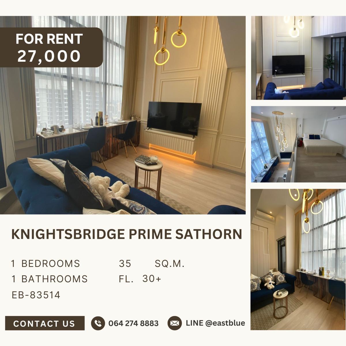 For RentCondoSathorn, Narathiwat : KnightsBridge Prime Sathorn, 1 bed, 27000 per month