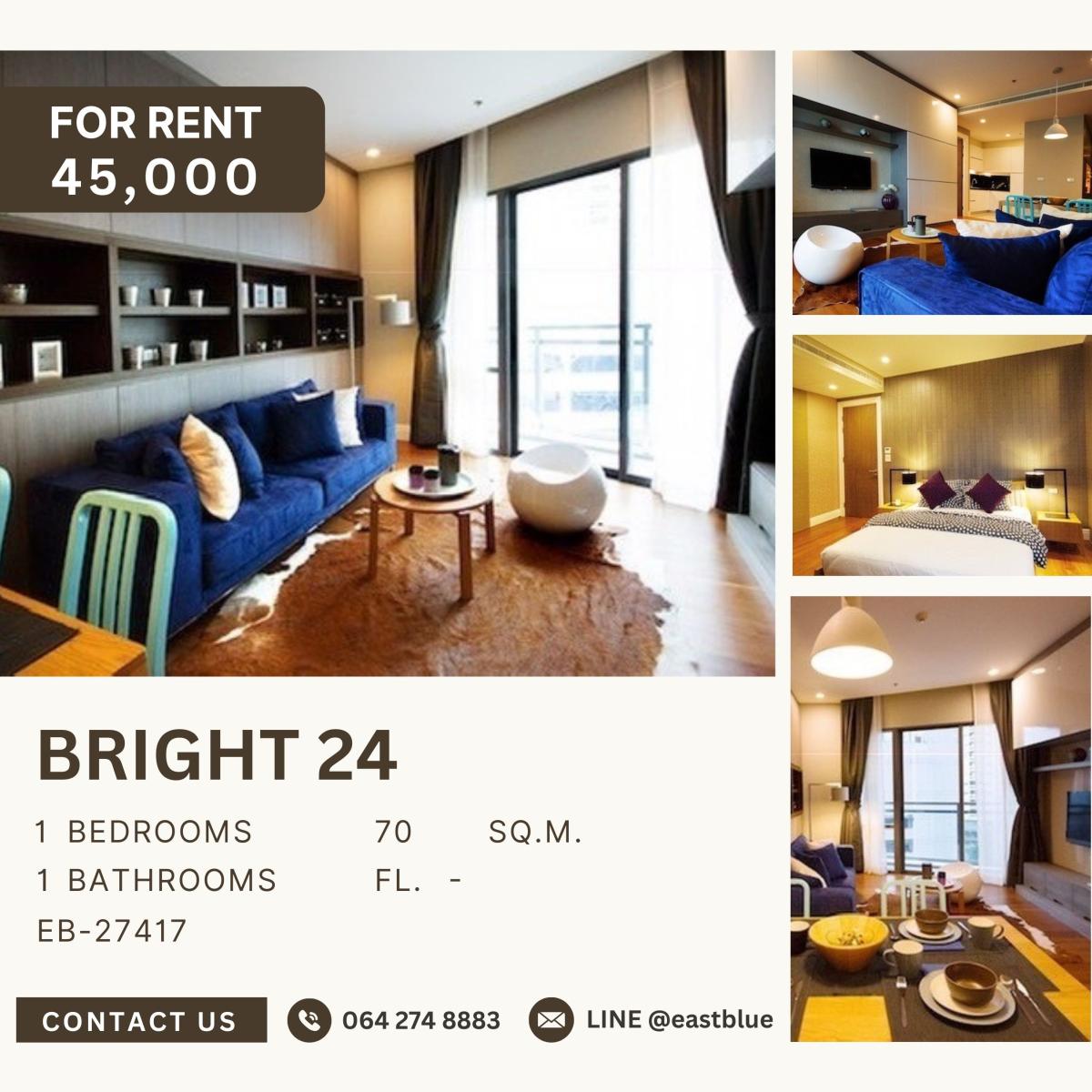 ให้เช่าคอนโดสุขุมวิท อโศก ทองหล่อ : Bright 24, 1 bed, 45000 per month