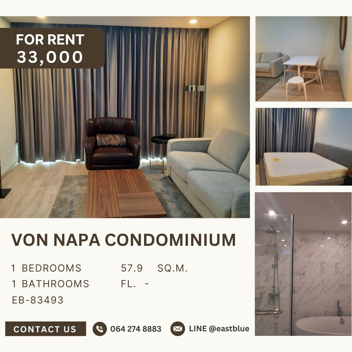 ให้เช่าคอนโดสุขุมวิท อโศก ทองหล่อ : Von Napa Condominium, 1 bed, 33000 per month