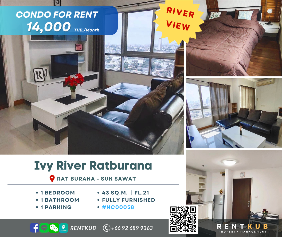 ให้เช่าคอนโดราษฎร์บูรณะ สุขสวัสดิ์ : 🔹Condo For Rent |  Ivy River Ratburana | 43 Sq.m | 1 Bed 1 Bath | 14,000 thb.