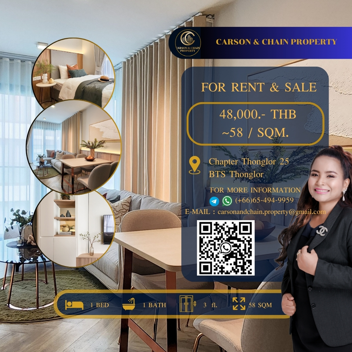 ให้เช่าคอนโดสุขุมวิท อโศก ทองหล่อ : Carson&Chain ❗RENT❗ Chapter Thonglor 25│ 2 BR │ 48,000 THB │Low Floor 