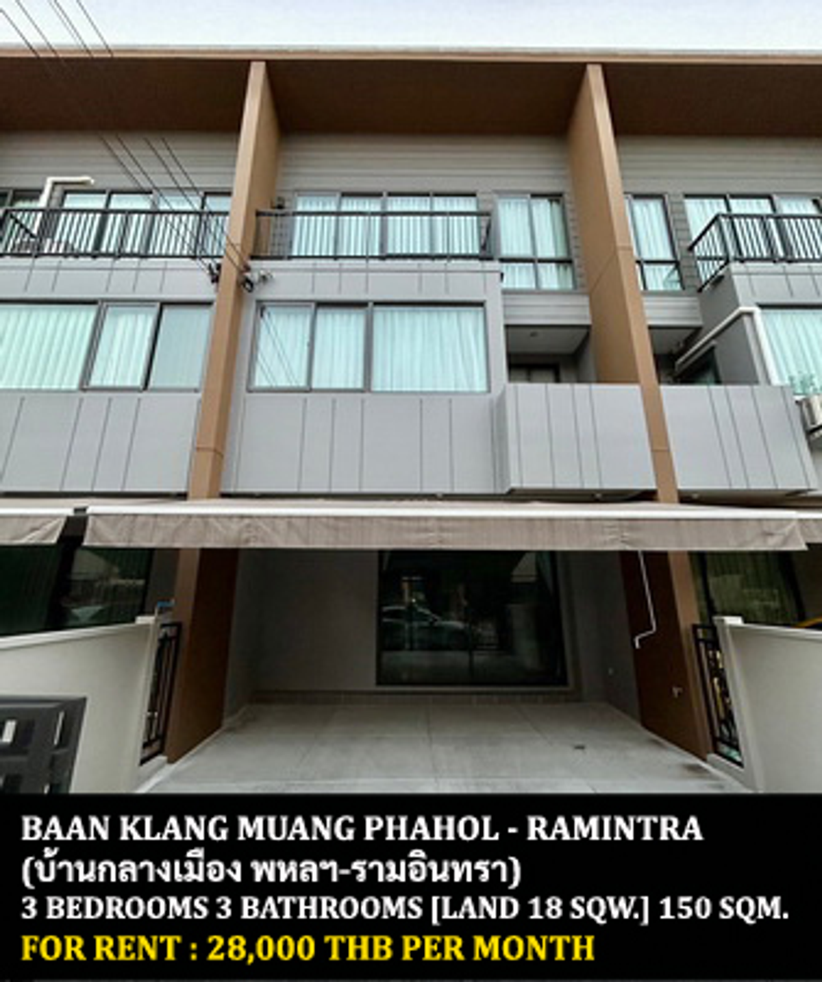 For RentTownhomeKasetsart, Ratchayothin : [Rent] Ban Klang Mueang Phahon - Ram Inthra / 3 Bedrooms, 3 Bathrooms / 18 Sq. 150 sqm. ** 28,000 ** New Townhome Project Complete furniture, easy to travel in and out in many ways. Ready Near Don Mueang Airport