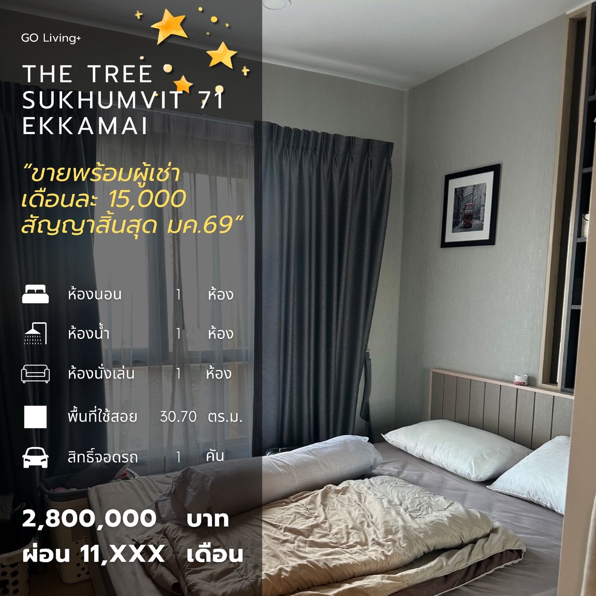 ขายคอนโดพระราม 9 เพชรบุรีตัดใหม่ RCA : คอนโด 1 นอน 1 น้ำ ขายพร้อมผู้เช่า The Tree Sukhumvit 71 - เอกมัย สัญญาสิ้นสุด ม.ค.69 