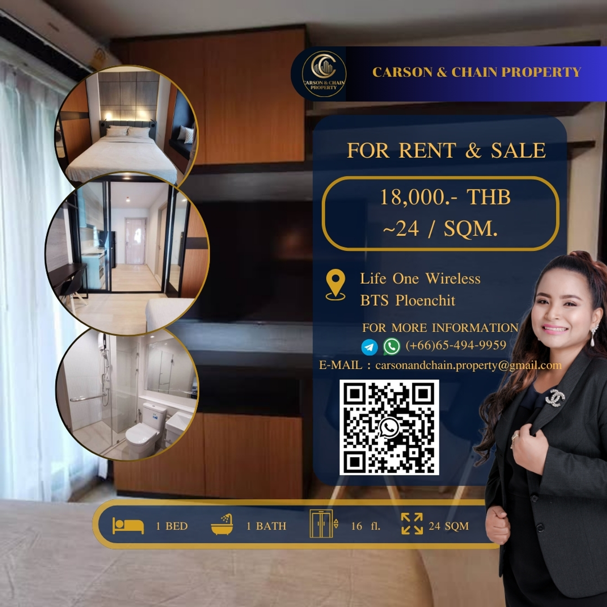 ให้เช่าคอนโดวิทยุ ชิดลม หลังสวน : Carson&Chain ❗RENT❗ Life One Wireless│ 1 BR │ 18,000 THB │High Floor 