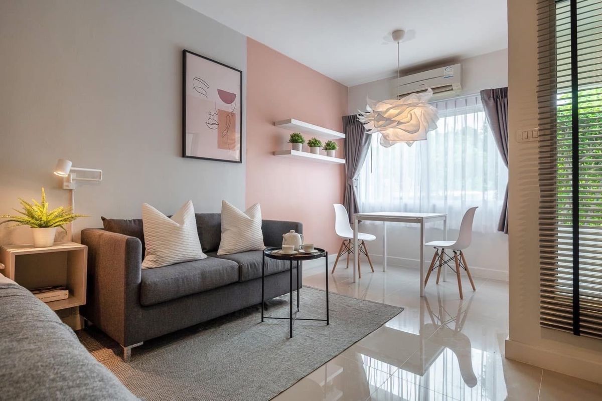 For RentCondoOnnut, Udomsuk : ❤️❤️ Rent Aspace Sukhumvit 77, Size 37 sq.m., Building H, 1st floor, Line 0859114585 ❤️ Clear separate kitchen The balcony is very wide, furniture+complete electrical appliances. ✅ Special discount :: 8,500 baht, furniture + electrical appliances & gt; 6 