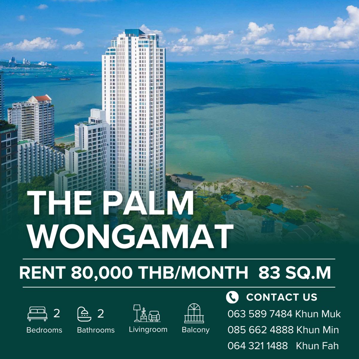 ให้เช่าคอนโดพัทยา บางแสน ชลบุรี สัตหีบ : 🌴 The Palm Beachfront Luxury Condo | For Rent 80,000 / month | 83 Sq.m | 44 Floor  🏝️